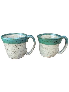 Signed Rustic Studio Pottery Espresso Mugs Set of 2 Speckled Turquoise Handmade